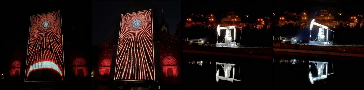 SIgnal Festival 2021 - Kostel sv. Cyrila a Metoděje, vpravo instalace na ostrově Štvanice
