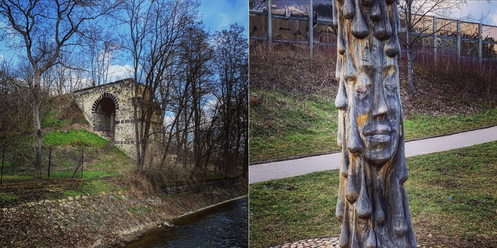 Torzo železničního mostu nad Rokytkou a opodál socha samotné víly Rokytky