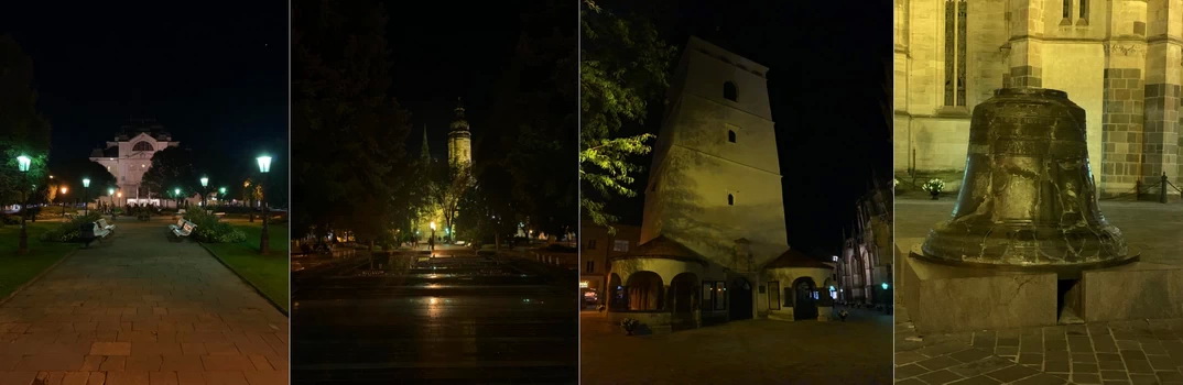 Večerní procházka Košicemi. Zleva Státní divadlo, Katedrála sv. Alžběty a Urbanova věž a zvon Urban