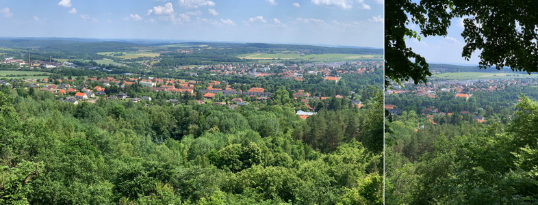 Výhled na Mníšek pod Brdy. Můžete si sednout na lavičku, při konzumaci svačinky se kochat výhledem...