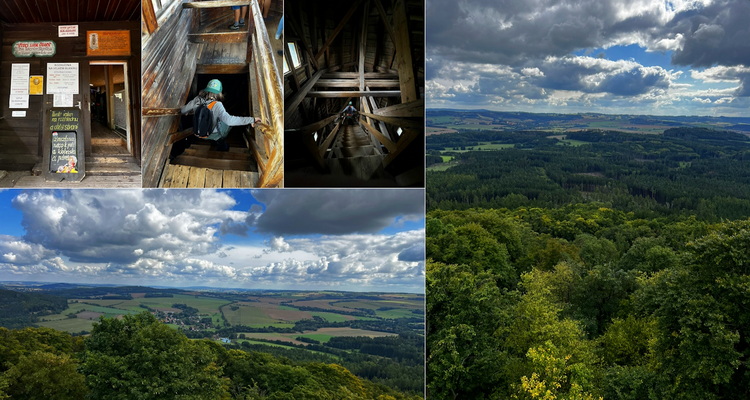 Po schodech na vrchol rozhledny včetně výhledu