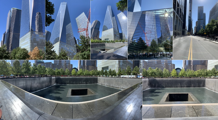 Ground Zero alias vzpomínkové místo na základy dvou věží World Trade Center. V pozadí obří mrakodrap a nová dominanta Manhattanu - One Trade Center