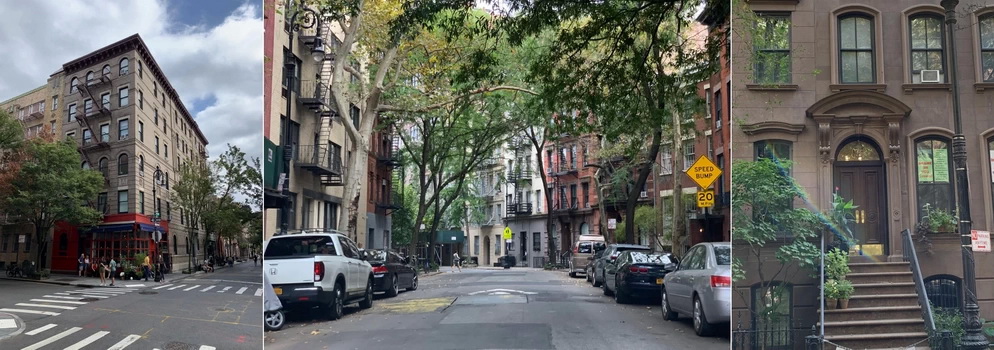 Vlevo ikonická stavba ze seriálu Přátelé, vpravo pak dům Carrie ze Sexu ve Městě. Uprostřed můžete vidět jednu z mnoha zelených uliček v Greenwich Village...